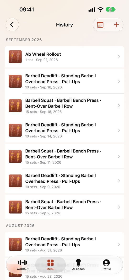 Trainingshistorie der Athleten-Tagebuch-App, nach Monaten gruppiert