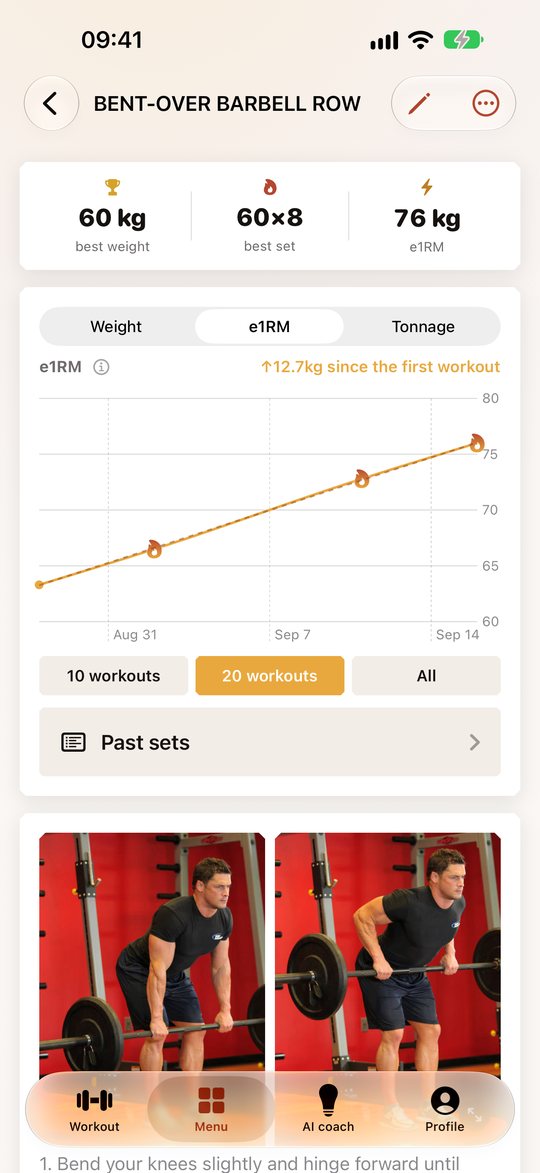 Athlete Diary exercise progress screen: best weight, best set, e1RM and an e1RM chart for the bent-over barbell row