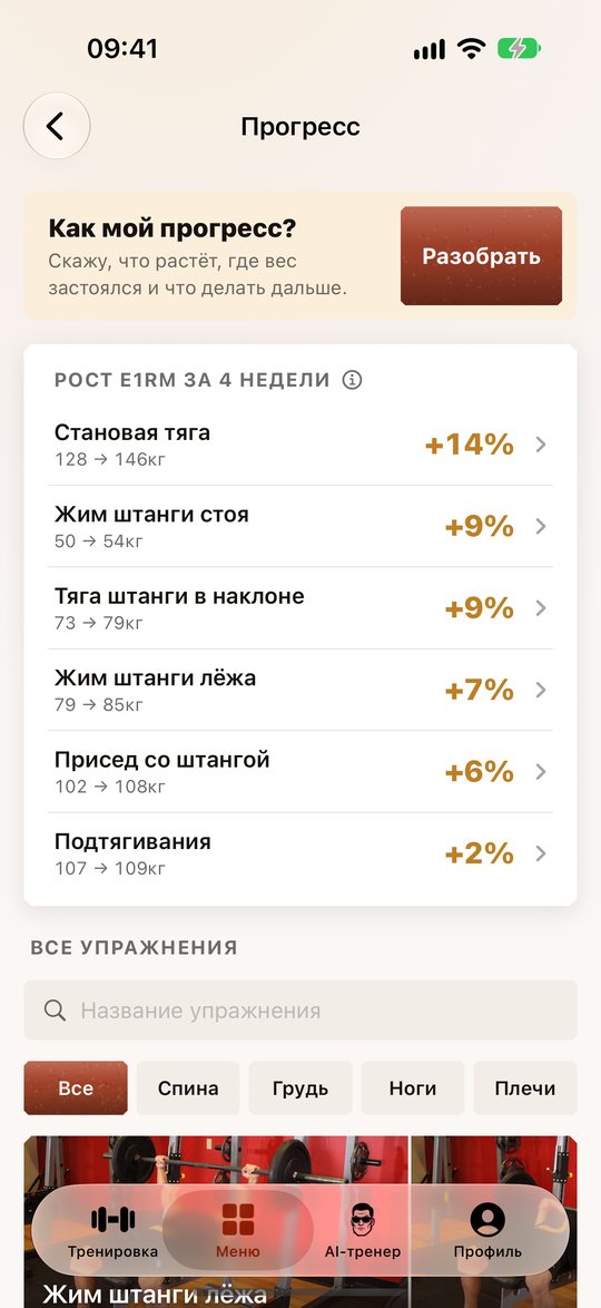 Экран прогресса в приложении «Дневник атлета»: рост расчётного максимума за четыре недели по упражнениям